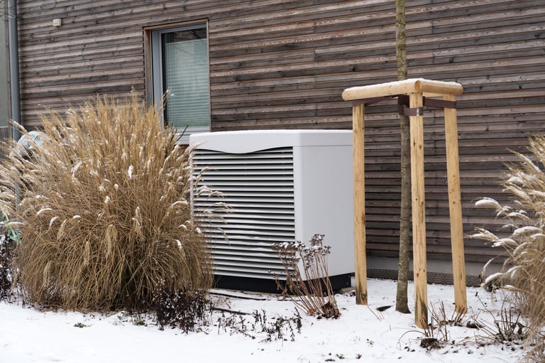 Energy efficient heat pump installed next to a modern wooden house wall. The unit is surrounded by dry ornamental grasses with a light layer of snow, showcasing eco friendly heating technology in a winter landscape.